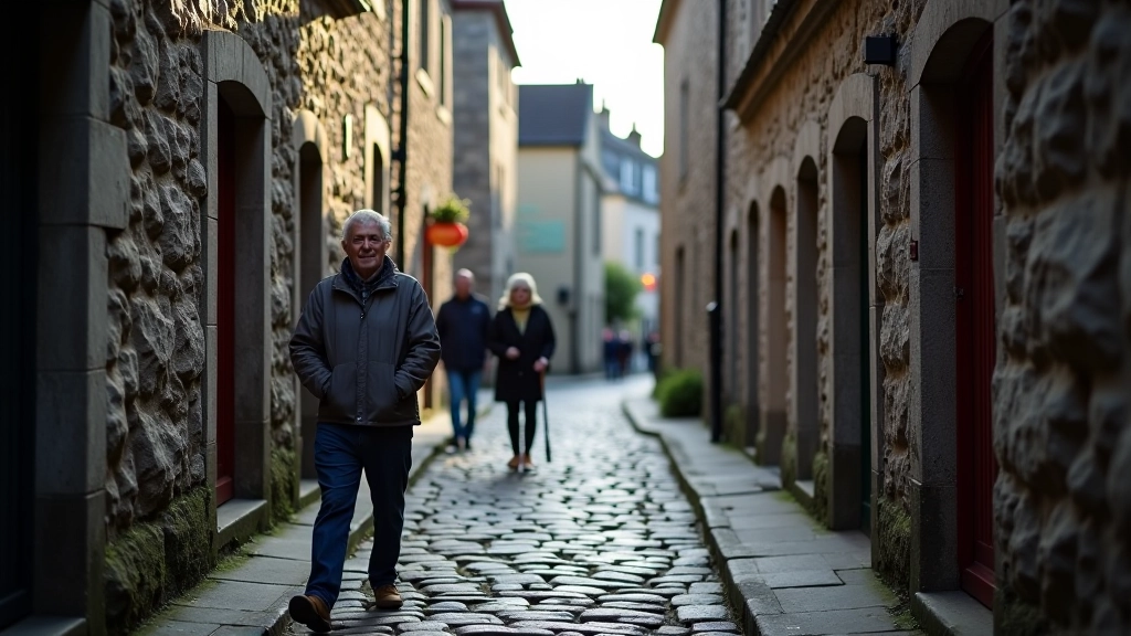 Medieval cobblestone street with historic buildings, walking tour destination in Kilkenny
