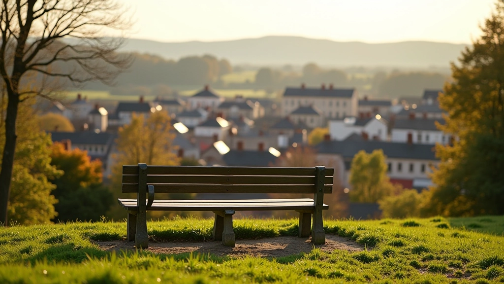 Wooden park bench on hillside overlooking landscape, rest spot for walkers